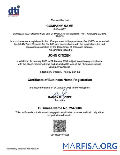 Realistic Philippines Barangay certificate of business name registration Word and PDF template
